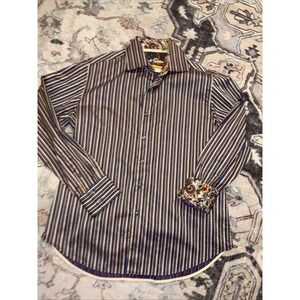 Robert Graham Flip Cuff Button Down Shirt Large Striped Paisley Blue Gold